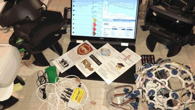 Placeholder image for logo, photo of Brain-computer interface, EEG, OpenEEG, VR, and other equipment plus RPG Research and RPG.LLC brochures, on battlemat grid